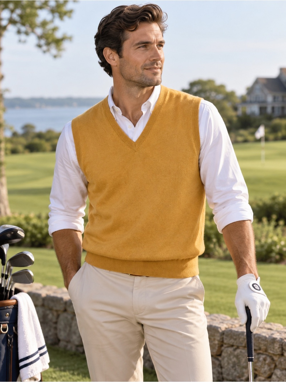 Peter Millar 100% Pure Cashmere Sweater Vest M Mustard Golf Country Club Layer